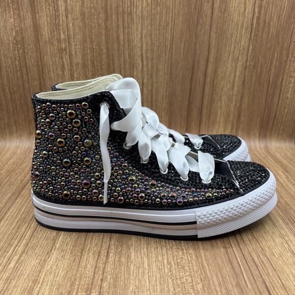 Converse All Star Chucks Custom Bling Wedding High Sneaker Kids 6.5/ Women’s 8 - Picture 9 of 10